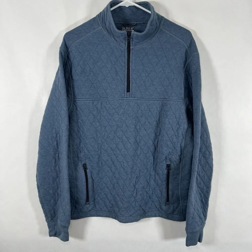 J.Crew Quilted 1/4 Zip Pullover Sweater Mens Size Medium Blue Zipper Pockets